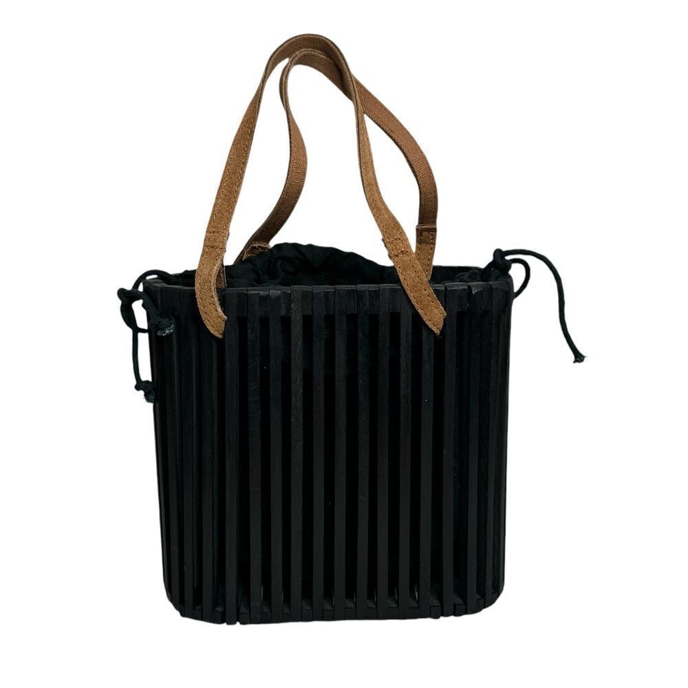 Lovestitch Black Wood Panel & Leather Handle Structured Box Bucket Bag Boho
